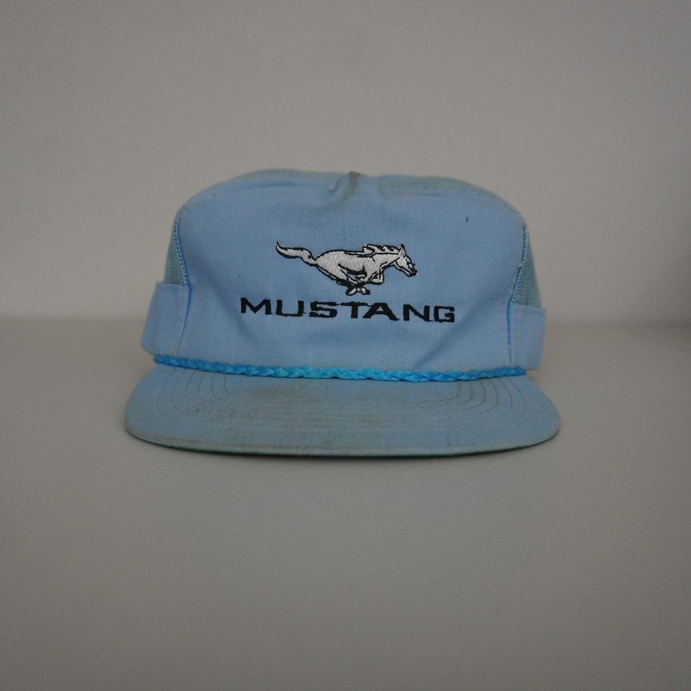 Vintage 80s AJ Ford Mustang Trucker Hat Mens OSFA Light Blue Mesh Snapback